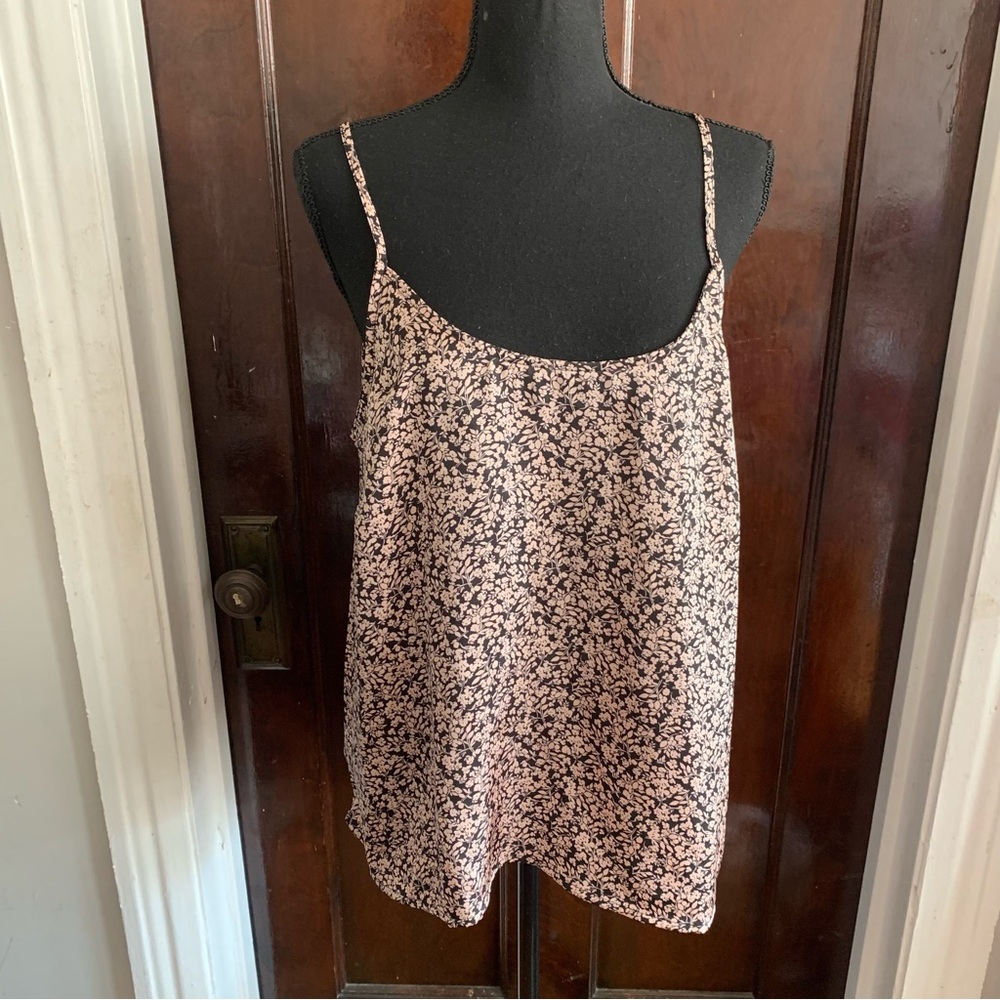 Nordstrom Gray and Pink Floral Spaghetti Strap Camisole Relaxed Satin Top LARGE